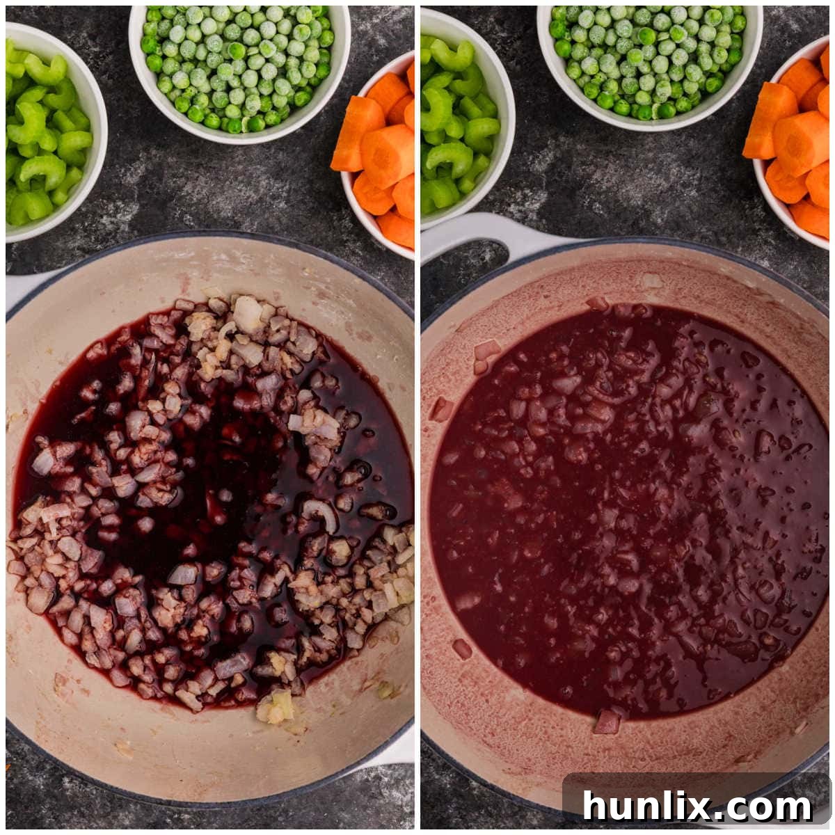 A cooking montage illustrating the process of adding liquids to the beef stew, showing red wine being poured into the pot to deglaze, followed by broth and spices.