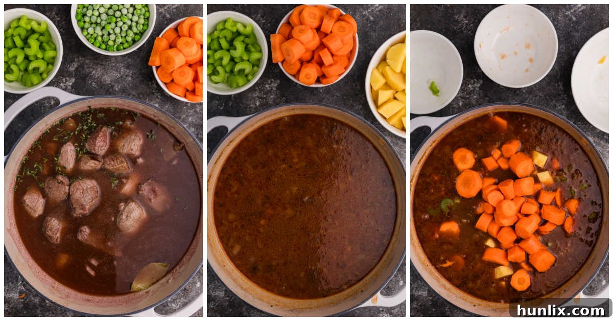 A collage demonstrating the final stages of cooking classic beef stew, showing the addition of vegetables, simmering, and the finished dish in a pot.