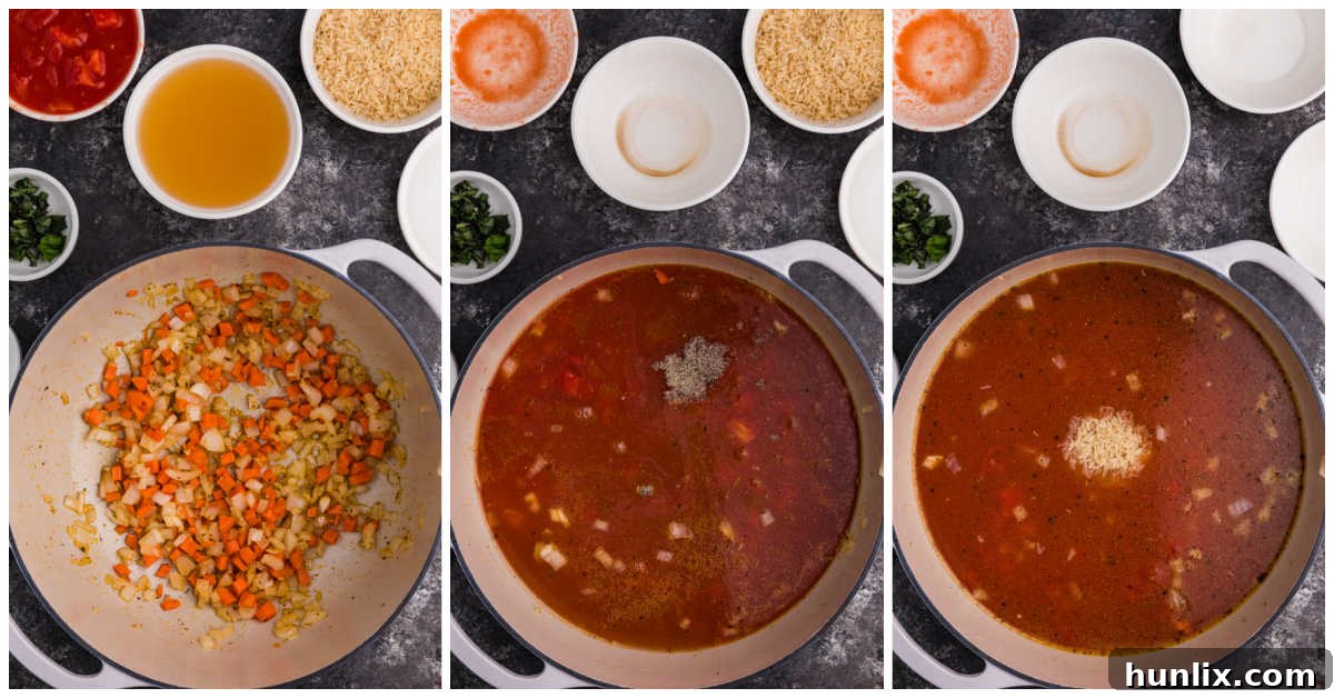 A visual collage showing the step-by-step process of making tomato rice soup in a large pot, from sautéing vegetables to adding broth and rice.
