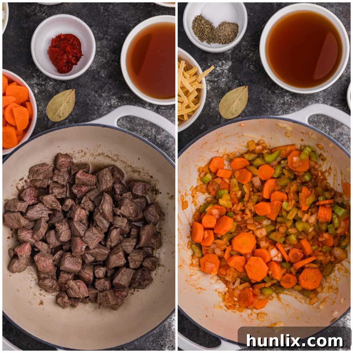 Collage of cooking ingredients in a pot.