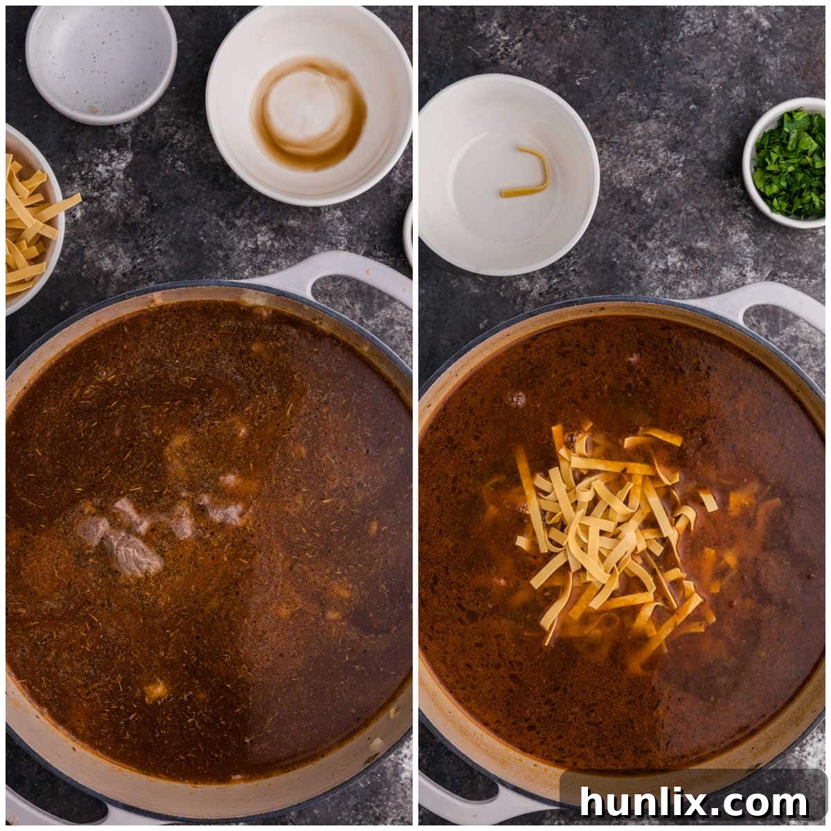 Collage of cooking ingredients in a pot.