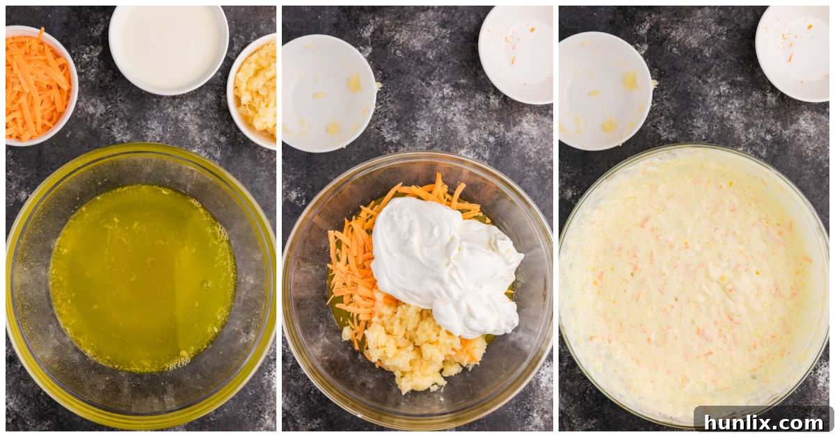 Tropical Pineapple Delight 4 Collage showing the preparation steps of Pineapple Salad in a glass bowl.