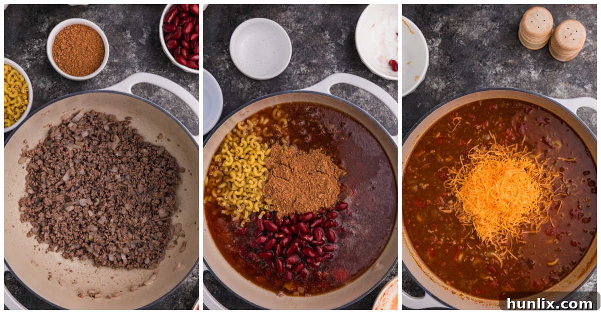 Collage of cooking ingredients in a Dutch oven, showing the progression of making Chili Mac Soup.