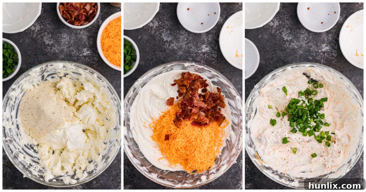 Absolutely Irresistible Dip 4 A collage of images showing the process of mixing ingredients for Bacon Cheddar Ranch Dip in a bowl.