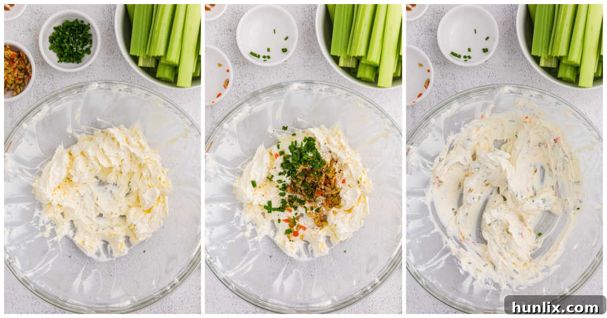 A collage showing the step-by-step process of mixing cream cheese, sour cream, olives, and chives in a bowl for stuffed celery.