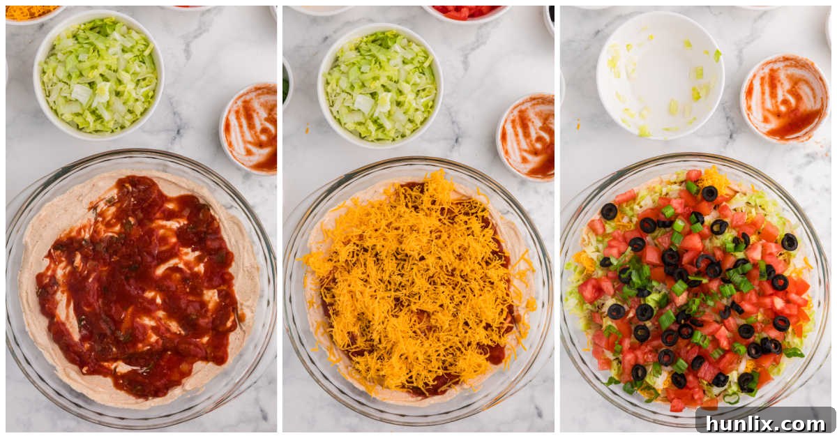 Collage of layering the toppings on the dip.