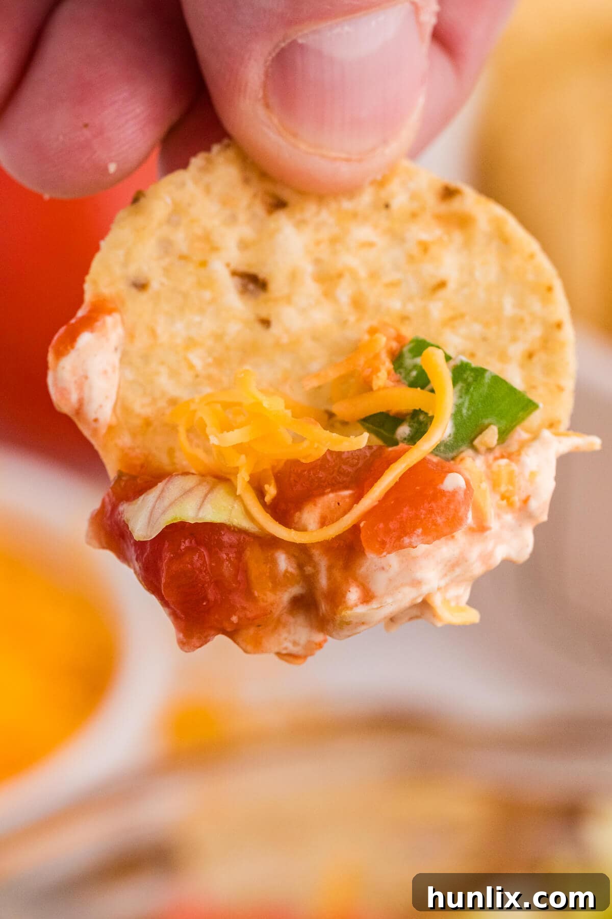 Macro shot of tortilla chip dipped in taco dip with visible layers of sour cream, salsa, shredded cheese, lettuce, and green onions, highlighting creamy texture and fresh toppings.