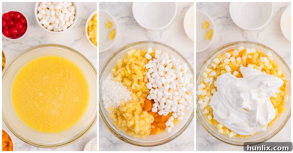 A collage illustrating the process of mixing various ingredients like fruit, marshmallows, and whipped topping into the base in a large bowl.