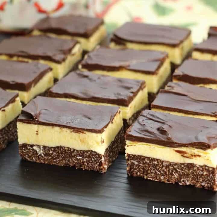 Classic Nanaimo Bars, a traditional Canadian dessert with three layers of chocolate, coconut, and vanilla flavor.