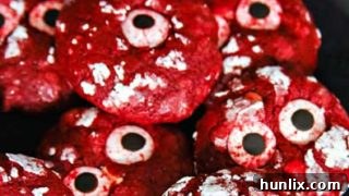 Spooky Bloodshot Eyeball Red Velvet Crinkle Cookies.