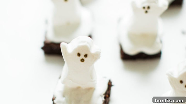 Easy and adorable spooky ghost brownies for Halloween using PEEPS ghost marshmallows.