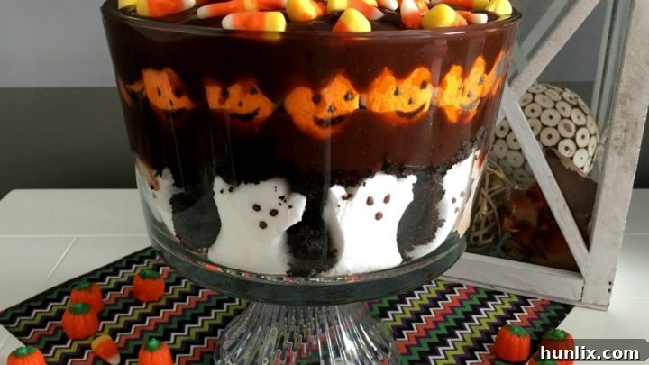 Spooky and delicious Halloween Trifle, perfect centerpiece for dessert table.