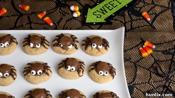 Adorable peanut butter cup spider cookies for Halloween.