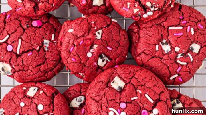 Irresistible Red Velvet Cookies, perfect for Valentine's Day, featuring a thick, chewy, fudgy texture with cookies 'n' creme bits.