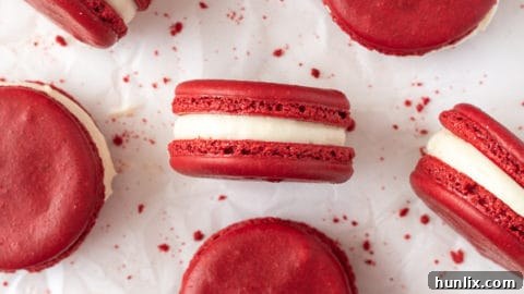 Crisp and chewy Red Velvet Macarons, classic French macarons infused with red velvet cake flavors and filled with tangy cream cheese frosting.