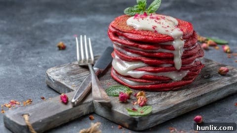 Decadent Red Velvet Pancakes with rich Butter Pecan Maple Syrup and fluffy Whipped Cream Cheese, perfect for a special brunch.