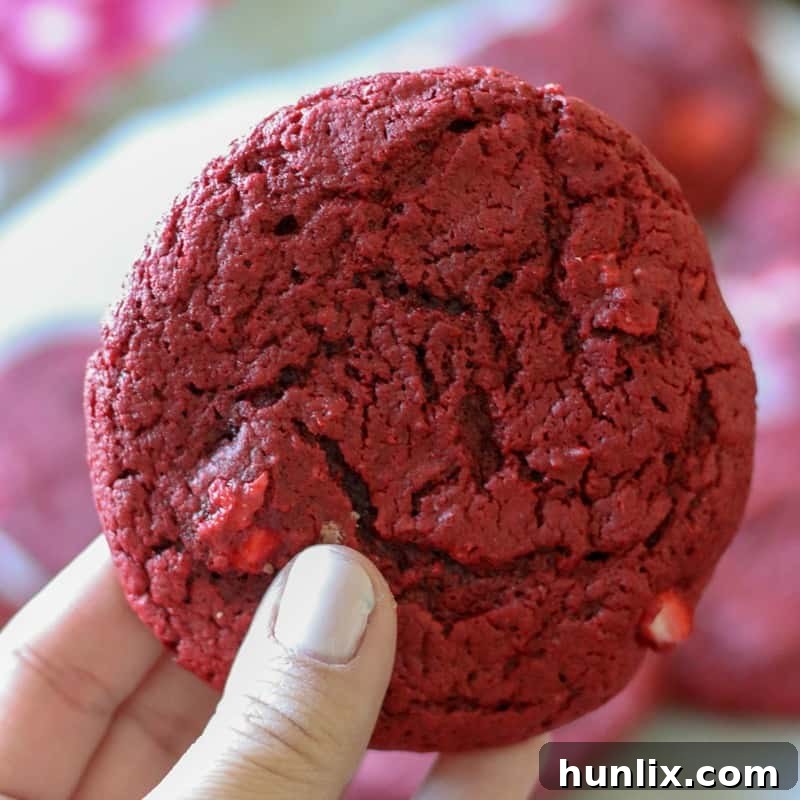 Easy six-ingredient Red Velvet Cream Cheese Swirl Cookies, made with a cake mix for moist red velvet goodness and delightful cream cheese swirls.