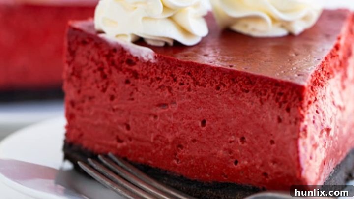 Velvety smooth Red Velvet Cheesecake from scratch, bursting with rich red velvet flavor, a thick chocolate Oreo crust, and a creamy whipped cream topping.