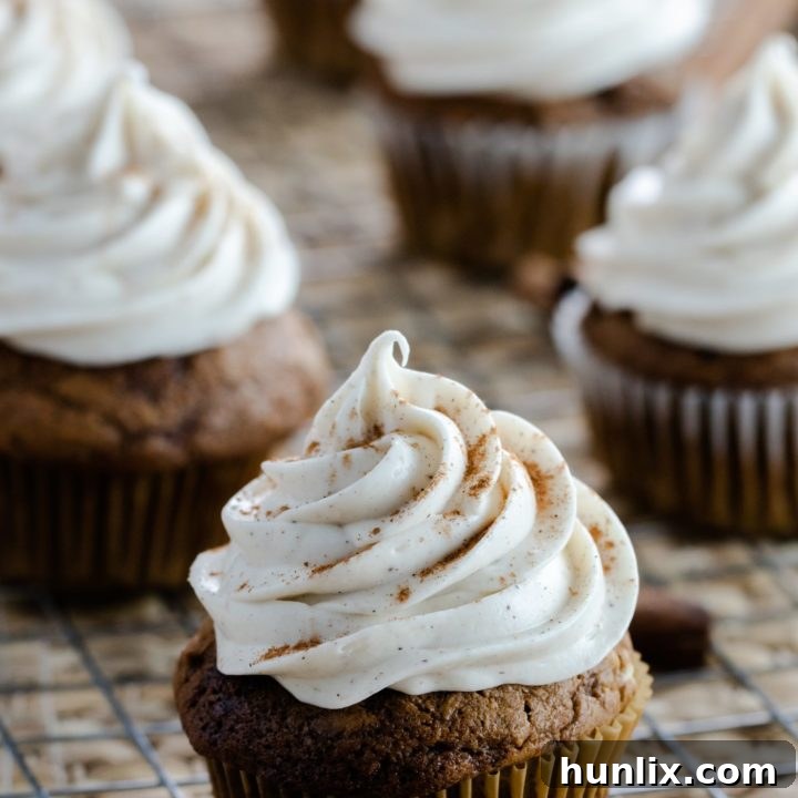 Fluffy Pumpkin Gingerbread Cupcakes with spiced cream cheese frosting