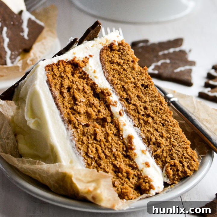 Stunning Holiday Gingerbread Cake with cream cheese frosting and cookie trees