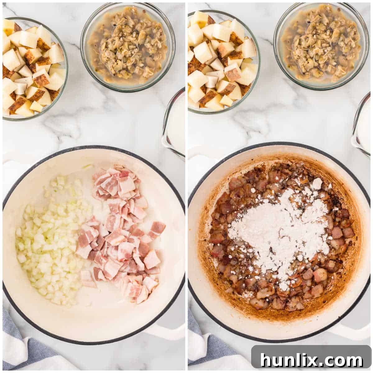 The Quintessential New England Clam Chowder 4 Images showing the process of cooking bacon and onions, then adding flour to create a roux for New England Clam Chowder.
