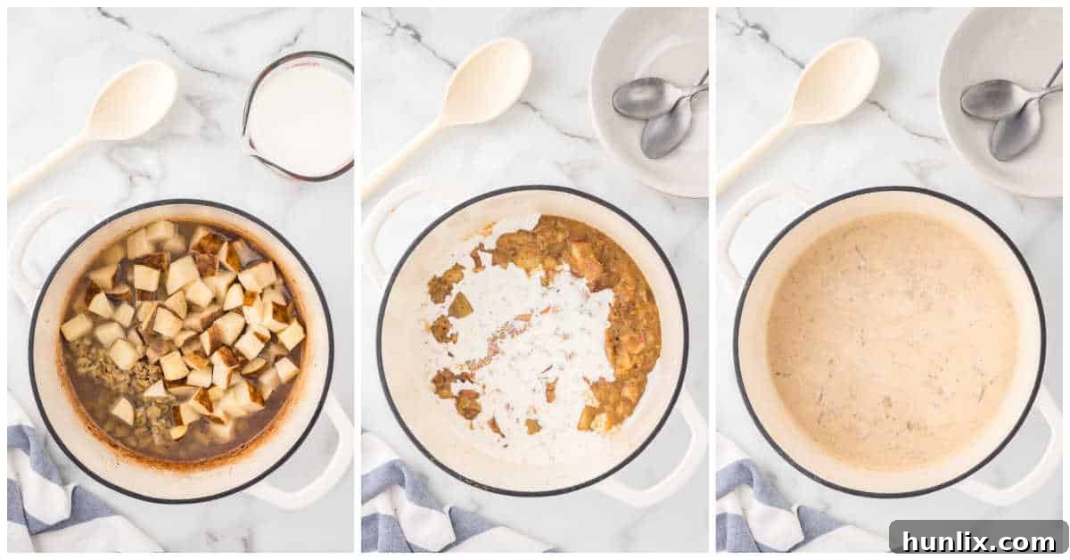 The Quintessential New England Clam Chowder 5 Image showing the final steps of adding cream to the clam chowder mixture and stirring it in the pot.