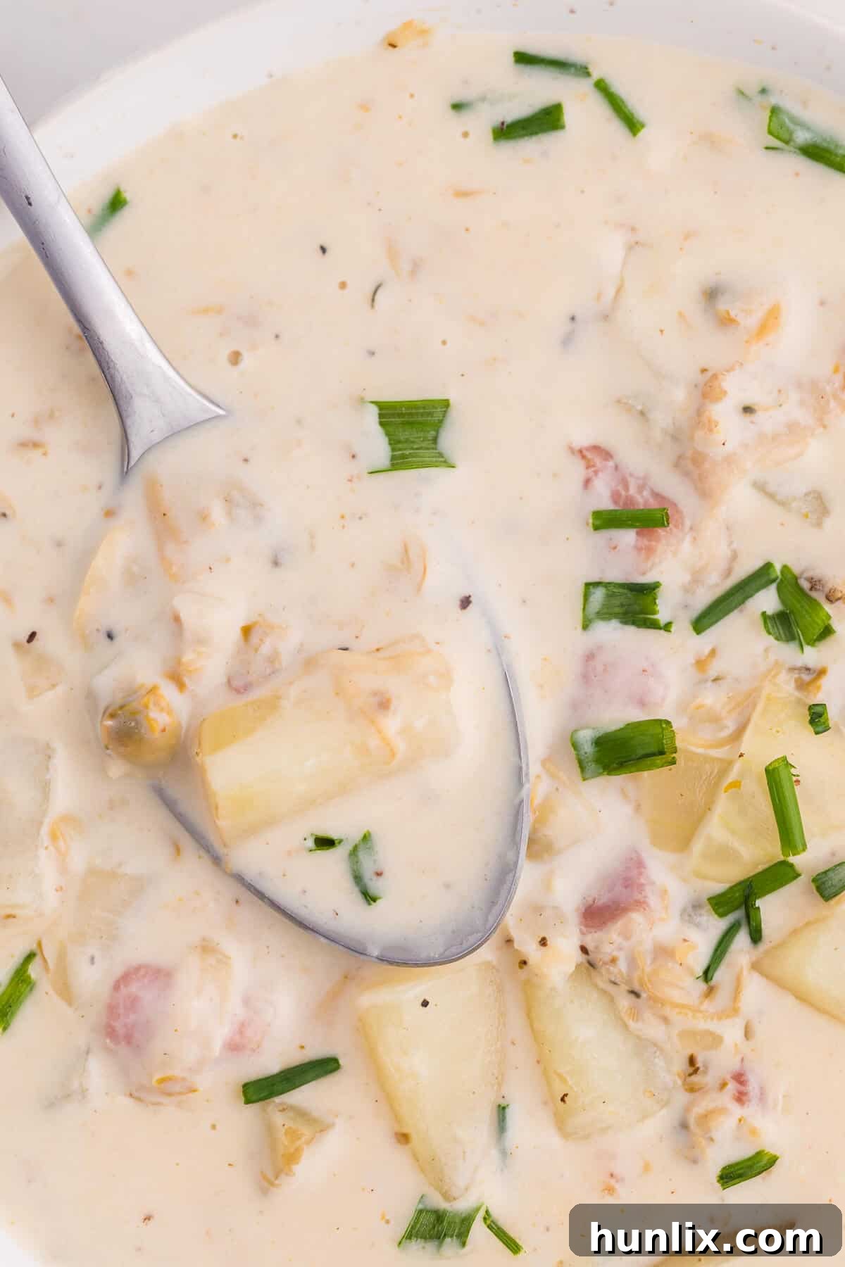 The Quintessential New England Clam Chowder 9 A spoon dipping into a bowl of creamy New England Clam Chowder, highlighting the tender clams and potatoes.