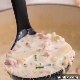 The Quintessential New England Clam Chowder 10 A ladle of new england clam chowder.