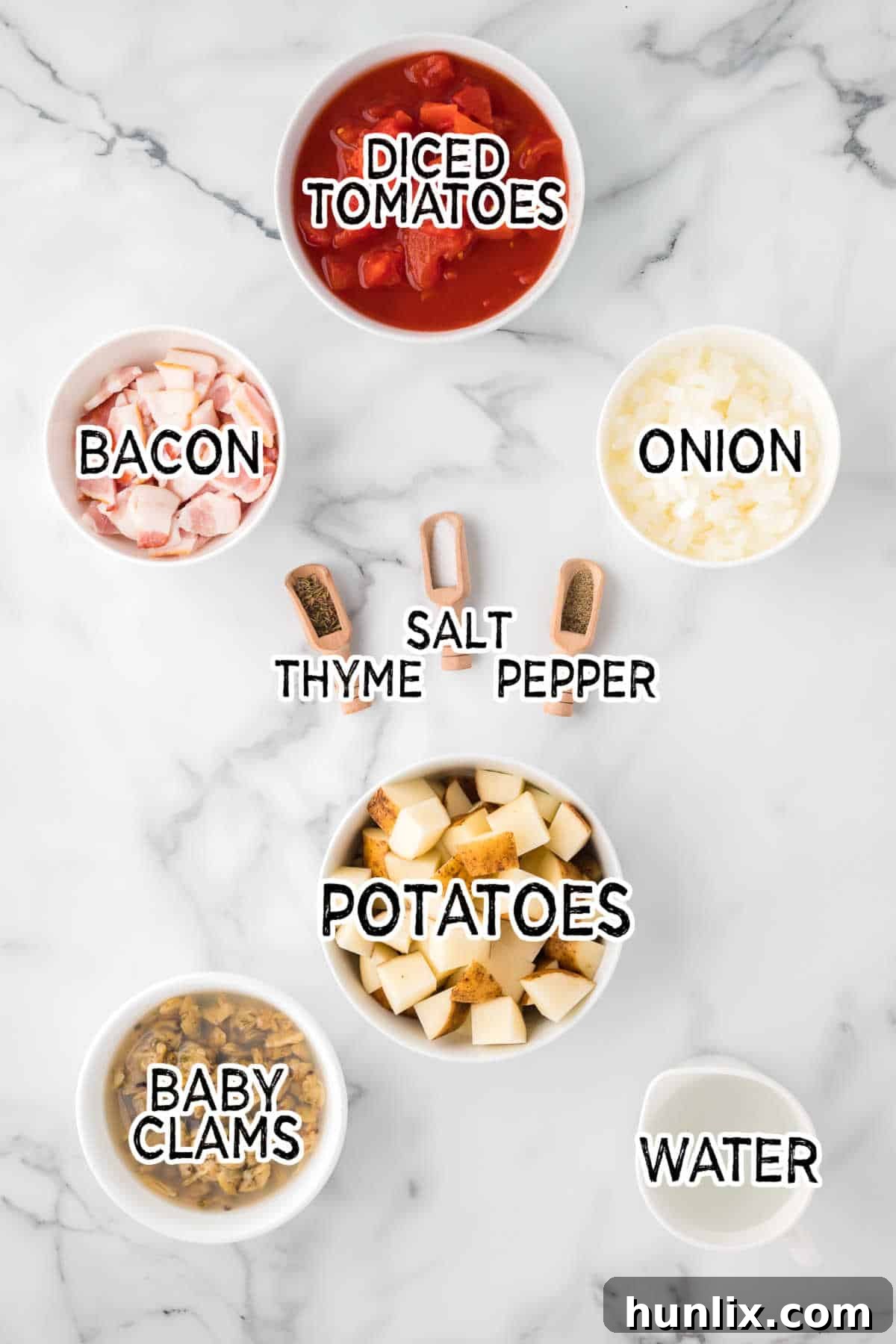 Manhattan Tomato Clam Chowder 3 Ingredients on a white counter.