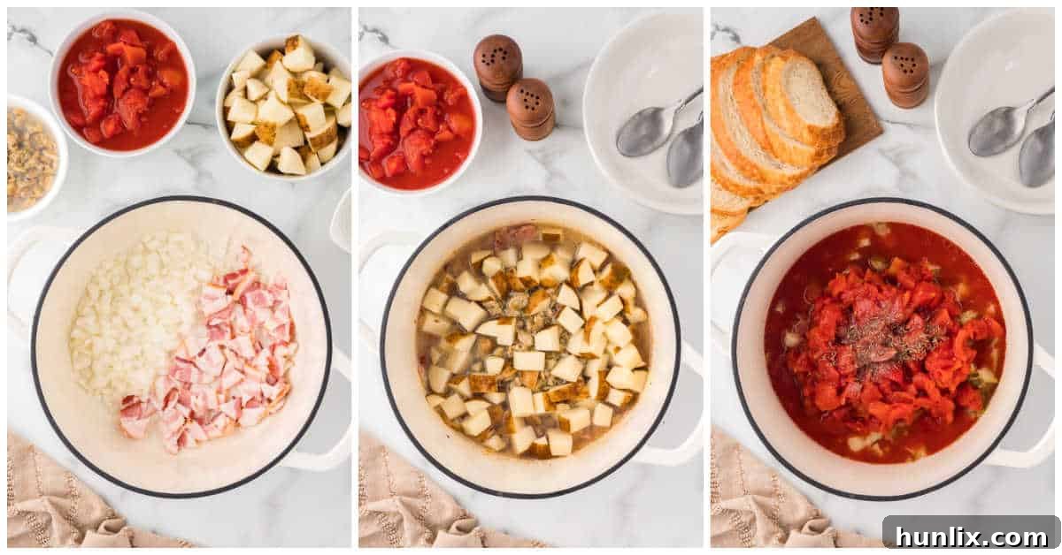Manhattan Tomato Clam Chowder 4 Collage of preparing the soup in a dutch oven.