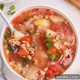 A bowl of Manhattan Clam Chowder with a spoon.