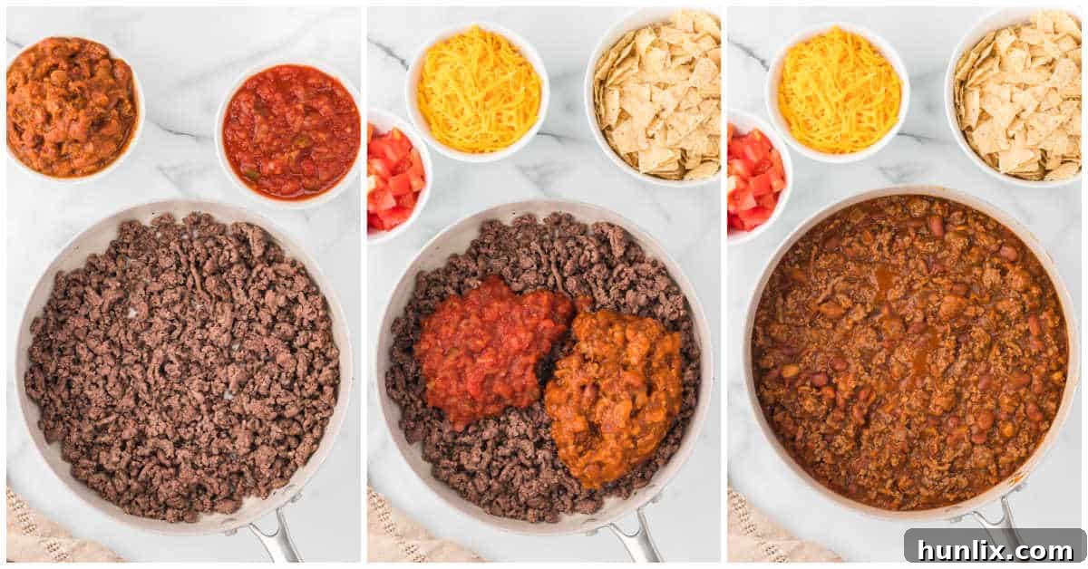 Steps to prepare taco casserole, showing browned beef mixture.