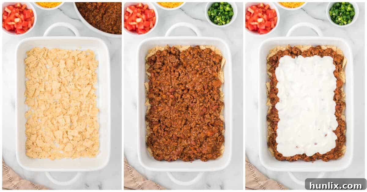Steps to prepare taco casserole, showing layering with sour cream.