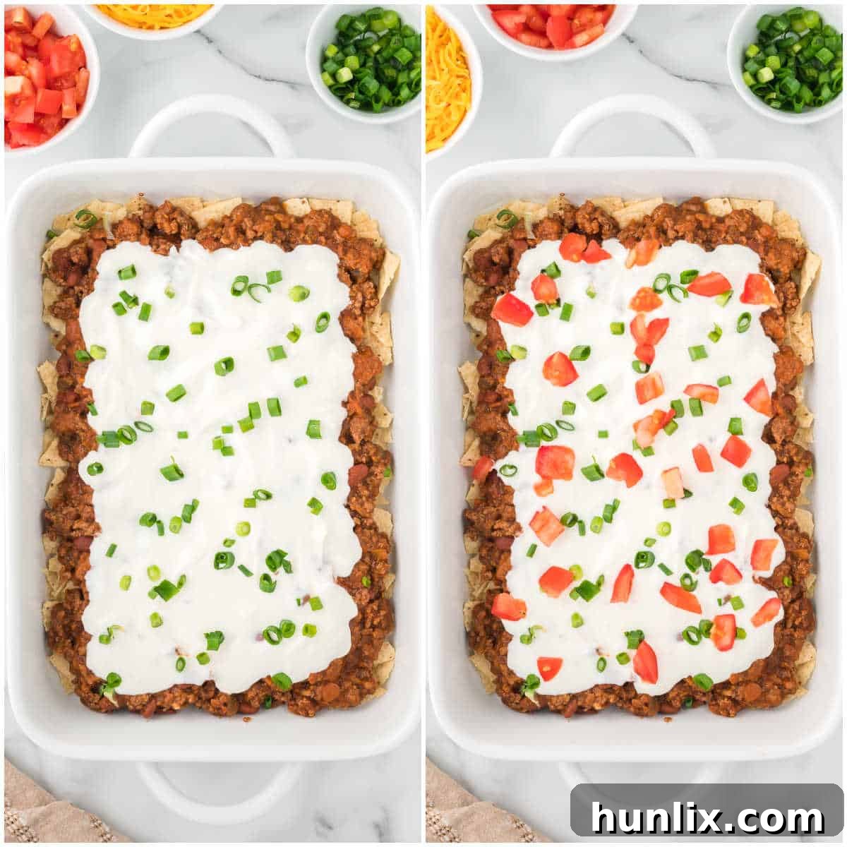 Steps to prepare taco casserole, showing final toppings before baking.