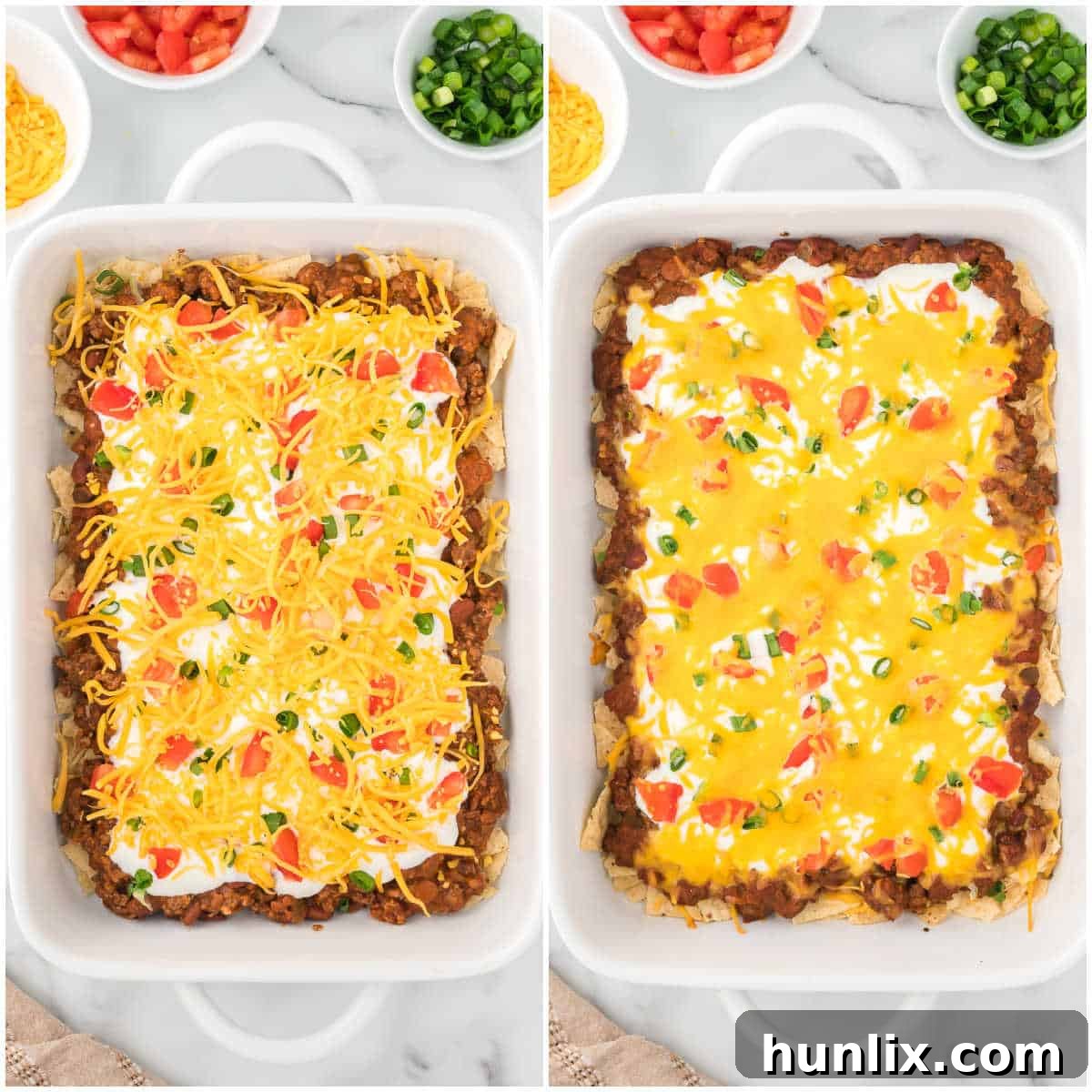 Steps to prepare taco casserole, showing the finished baked dish.
