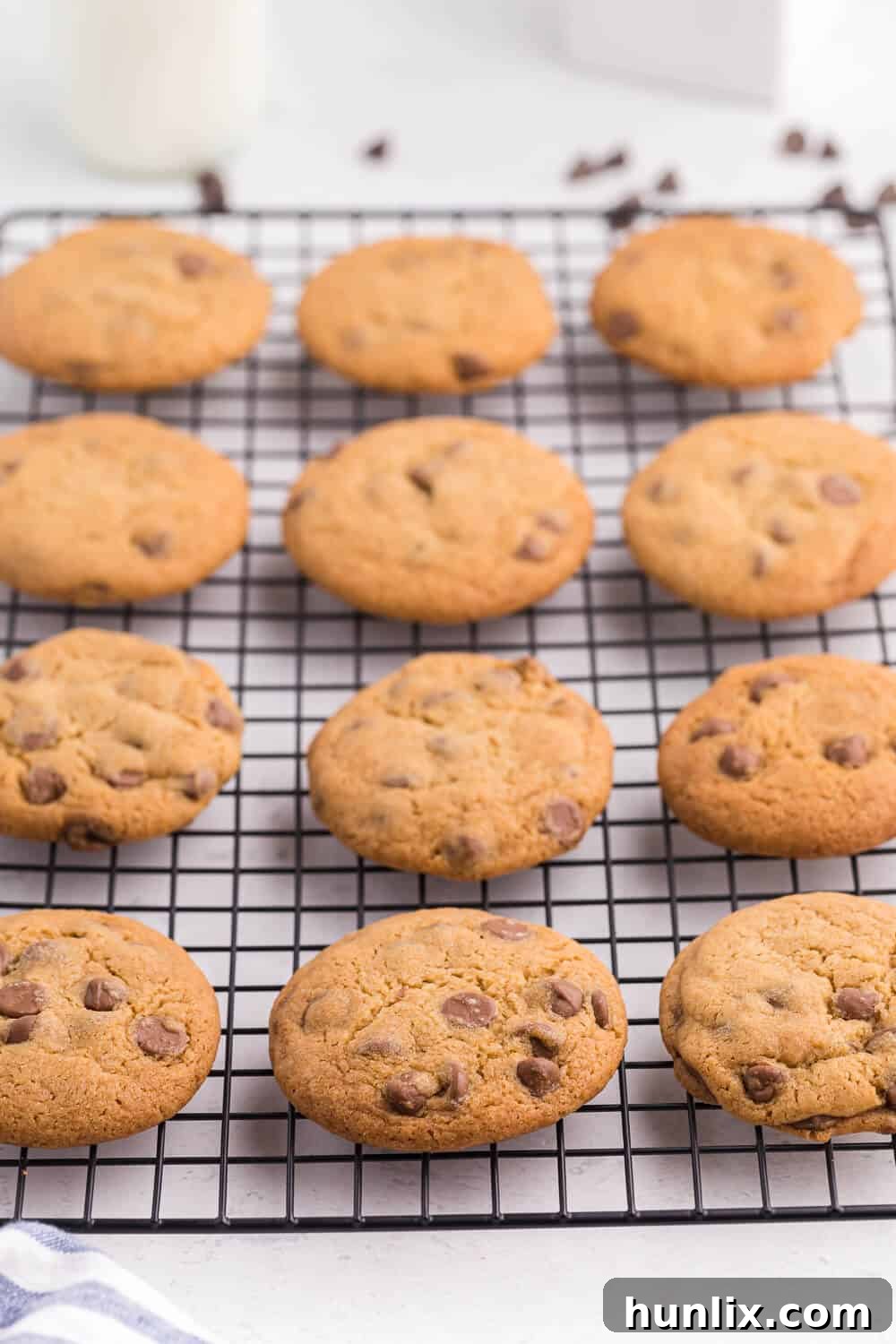 chocolate chip cookies on a wire baking rack