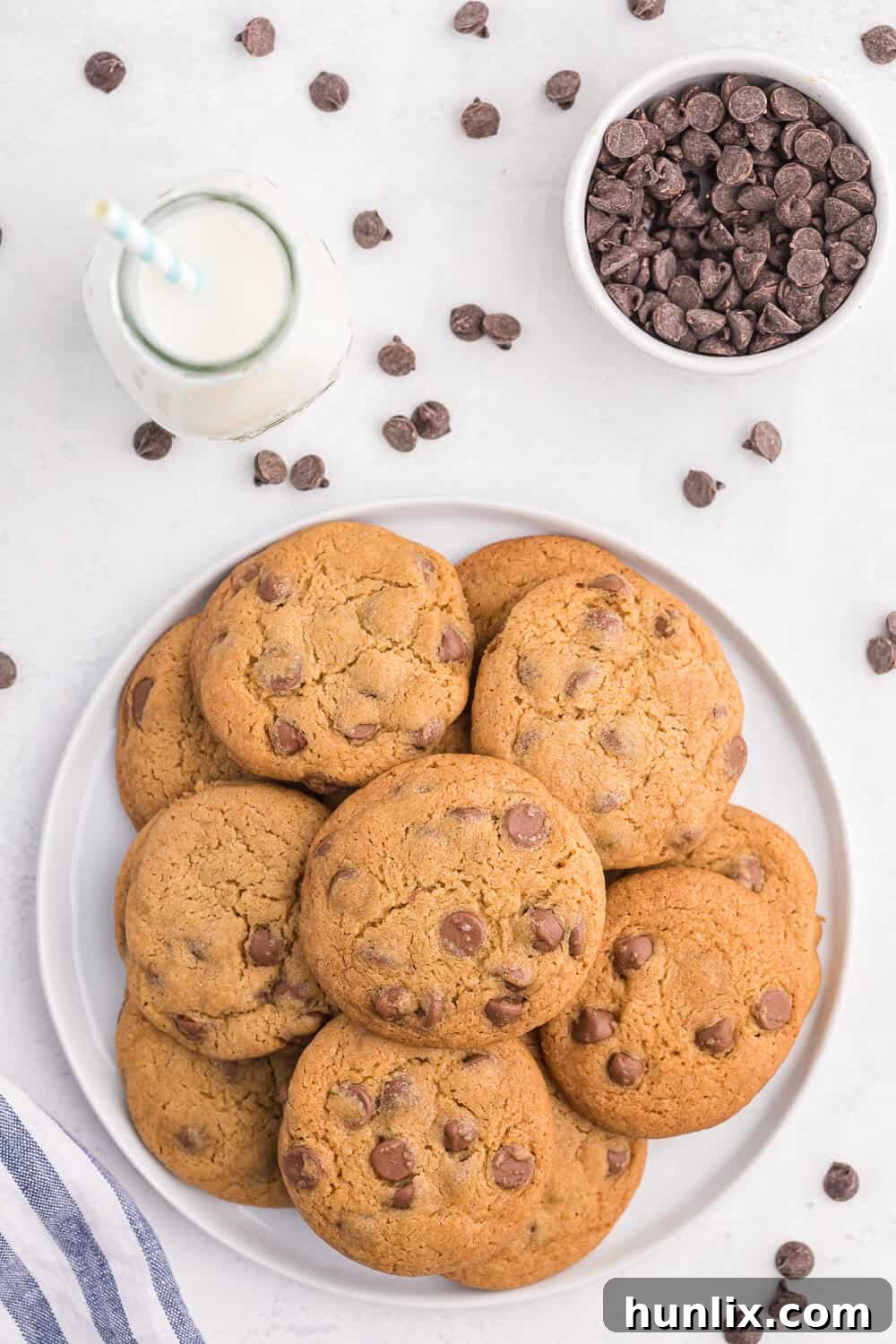 Chocolate cookies on a white plate with a glass of milk