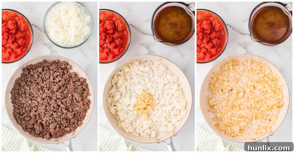 A collage showing the initial steps of cooking ground beef and sautéing onions in a pan for taco soup.