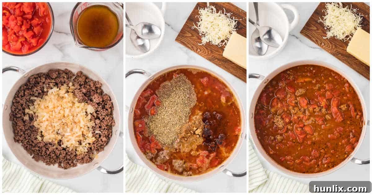 A collage illustrating the process of adding all ingredients to a Dutch oven and allowing the taco soup to simmer.