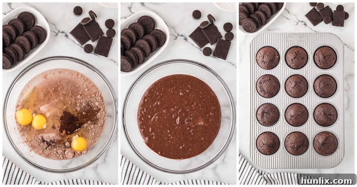 A collage showing the process of preparing and baking chocolate cupcakes in muffin tins.