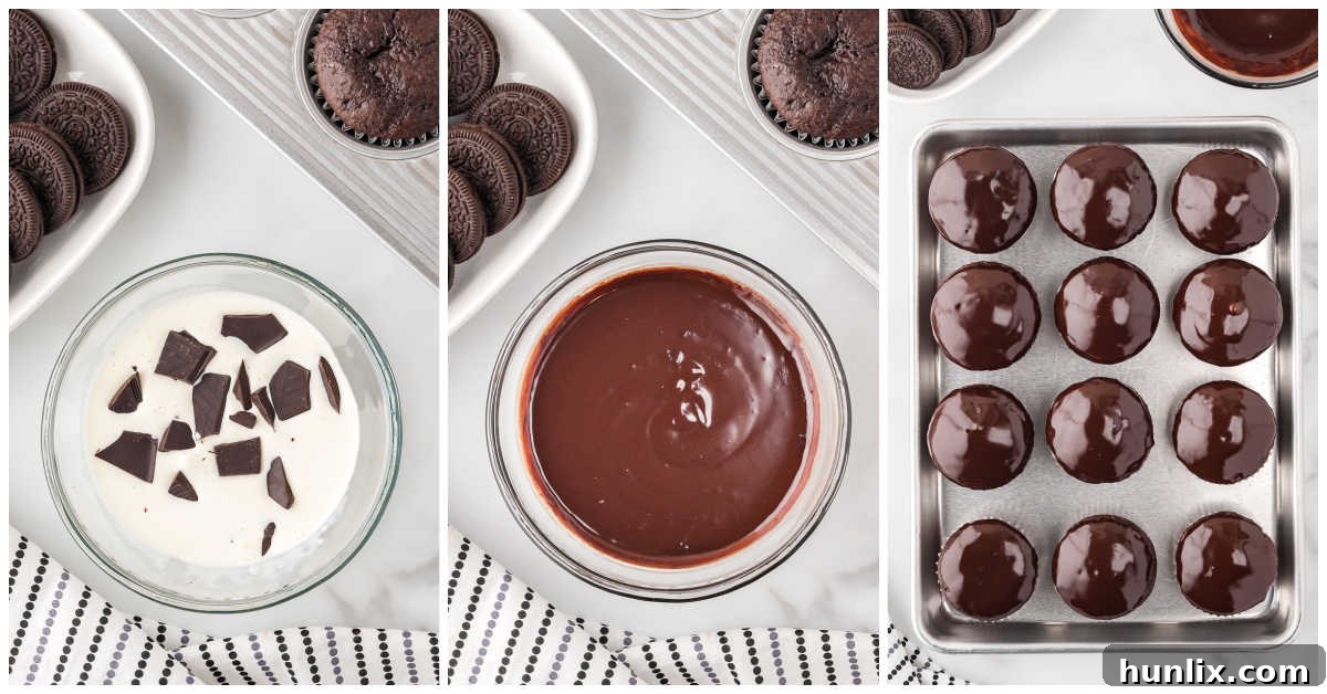 A collage demonstrating the process of melting chocolate and whipping cream for the glaze, and then dipping the tops of baked cupcakes into the prepared chocolate glaze.