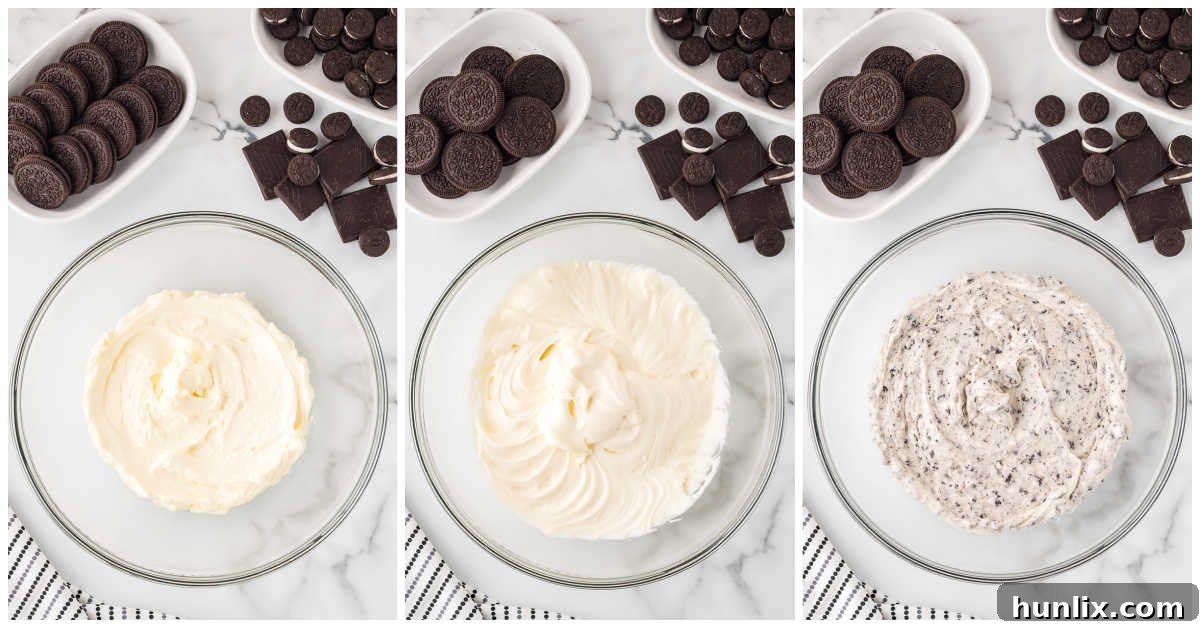 A collage showing the steps for making the creamy Oreo frosting, including beating cream cheese and butter, adding milk and vanilla, incorporating powdered sugar, and stirring in chopped Oreo cookies.