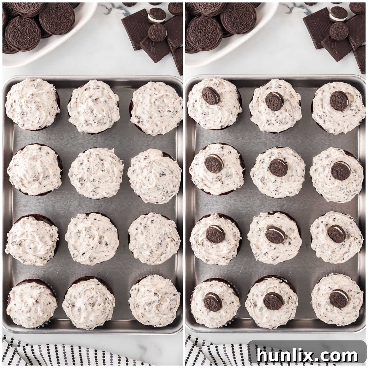 A collage illustrating the final steps of frosting cupcakes with creamy Oreo frosting and topping each with a mini Oreo cookie.