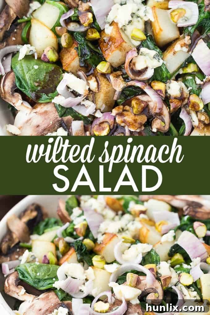 Wilted Spinach Salad - Crimini Mushrooms and Crispy Potato are topped on a bed of wilted spinach drenched with a raspberry balsamic dressing.