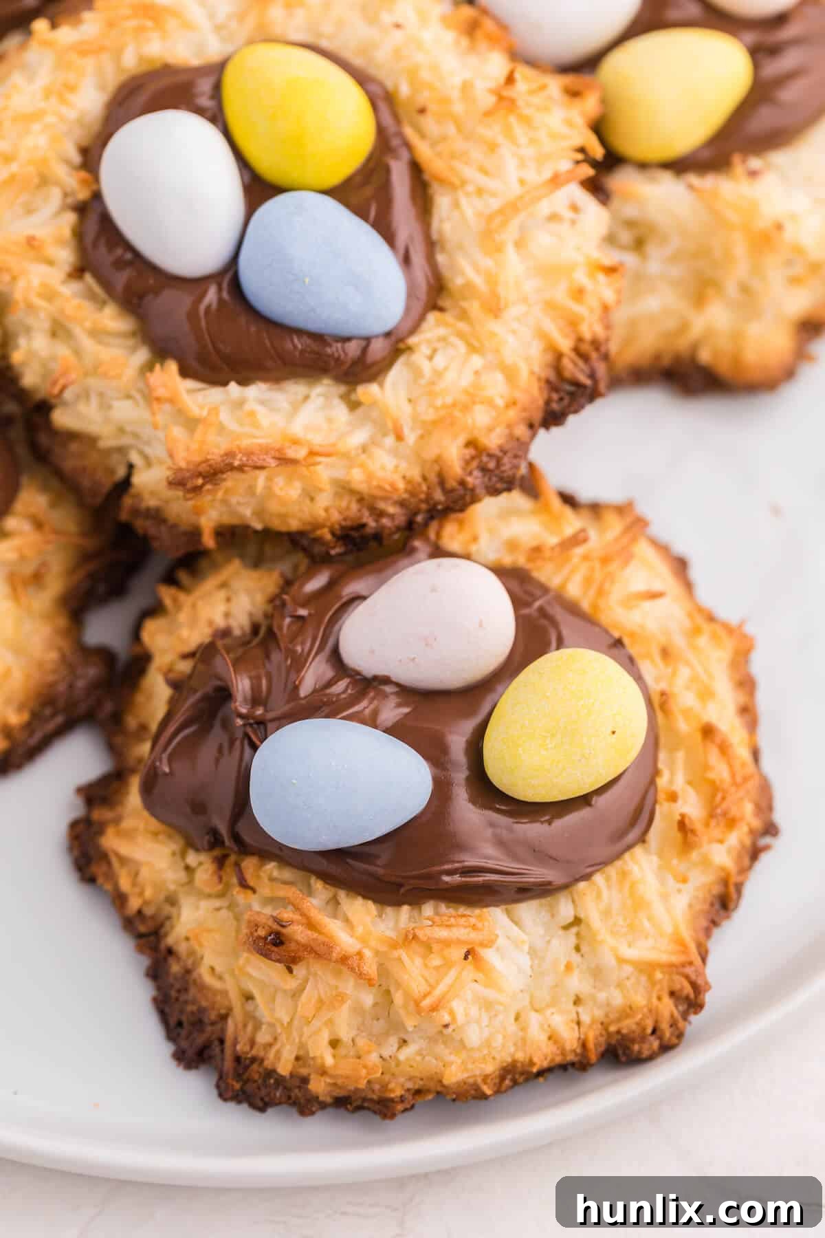 A plate of Coconut Macaroon Nutella Cookie Nests, beautifully decorated and ready to be served.