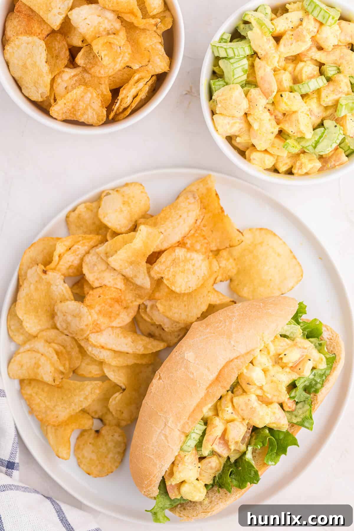 Platter of golden Curried Shrimp Rolls served with crispy potato chips, ready to be enjoyed.