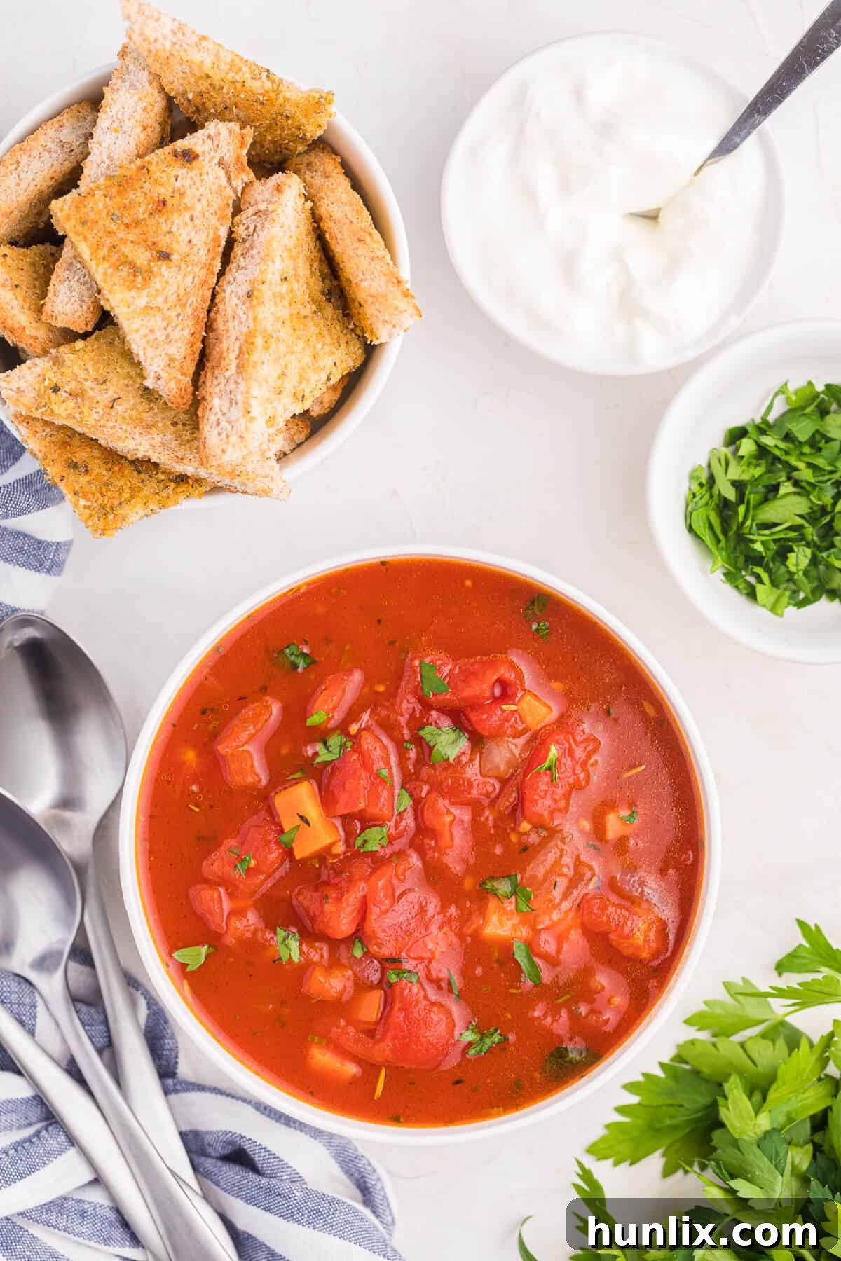 Tuscan Herb Medley Soup 4 A bowl of Italian herb soup served with a side of golden brown garlic toast.
