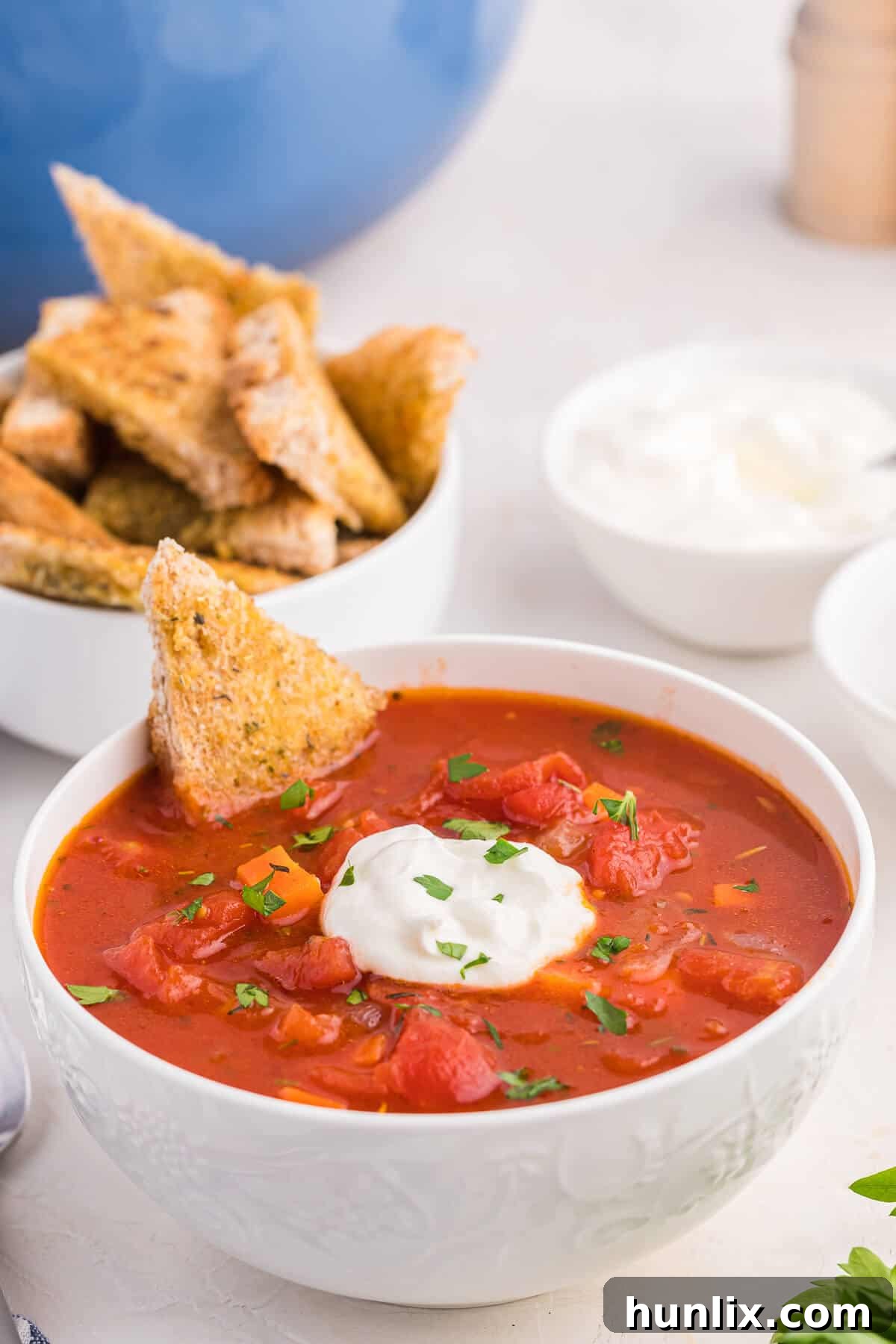 Tuscan Herb Medley Soup 5 A bowl of Italian herb soup with a piece of garlic toast dipped into it.