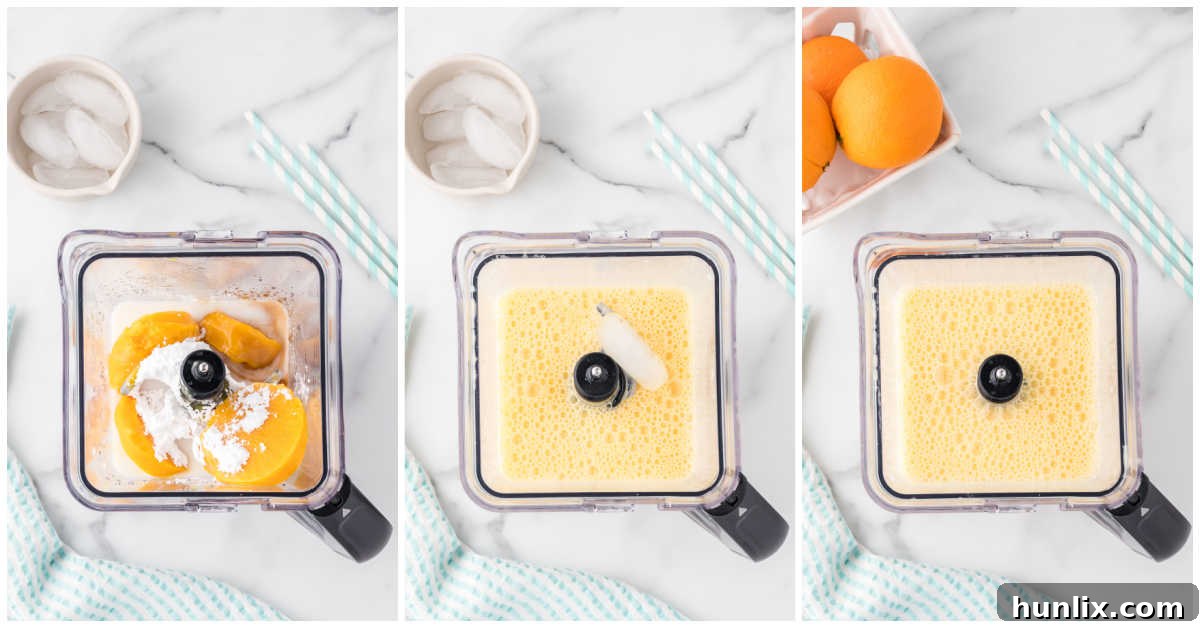 Collage of mixing ingredients in a blender for Orange Julius.