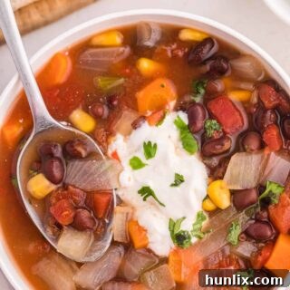 Black Bean Vegetable Soup in a bowl with cilantro garnish.